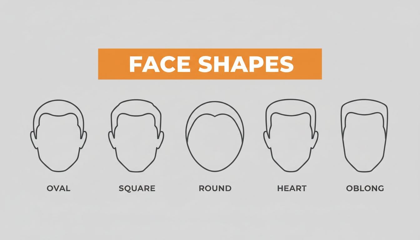 Illustrated diagram of five common men's face shapes: oval, square, round, heart-shaped, and oblong. Side-by-side clean line drawings on a neutral gray background with a bold 'Face Shapes' headline on an orange band.
