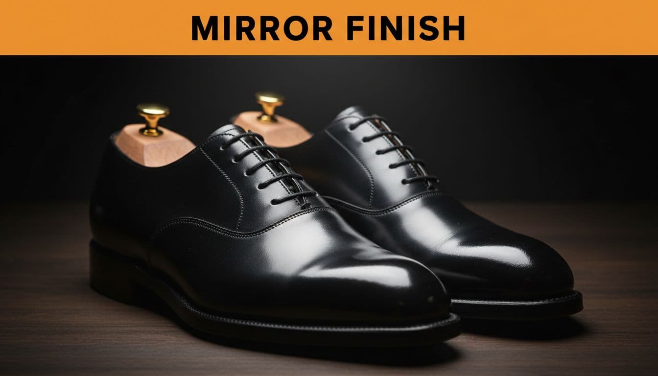Pair of polished black leather oxford shoes with mirror shine on toes, placed on wooden shoe trees, soft spotlight highlighting the reflective surface, close-up realistic photography with bold 'MIRROR FINISH' headline on orange band.