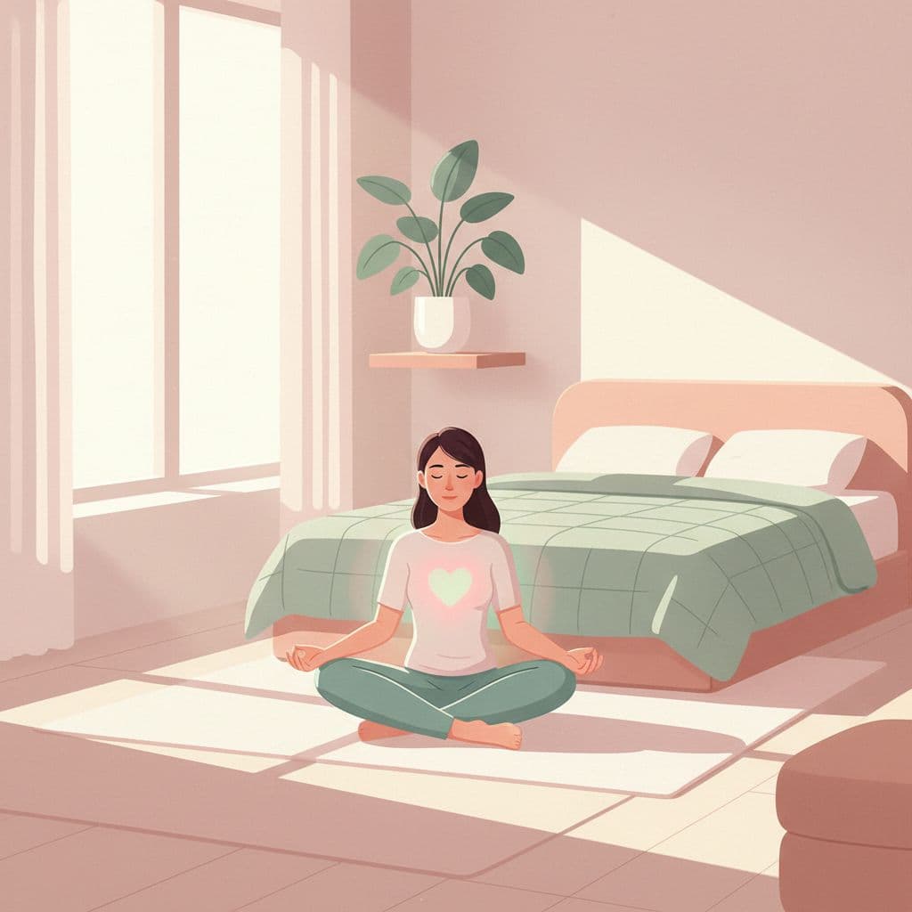 Is Gratitude the Secret to Stronger Relationships? 2 Modern illustration of a person sitting alone in a peaceful bedroom meditating with eyes closed, hands in lap, bathed in soft morning light with a subtle energy glow around the heart area. Clean shapes and controlled pastel colors in gentle pinks and greens create a strong, balanced composition promoting self-reflection and positivity.
