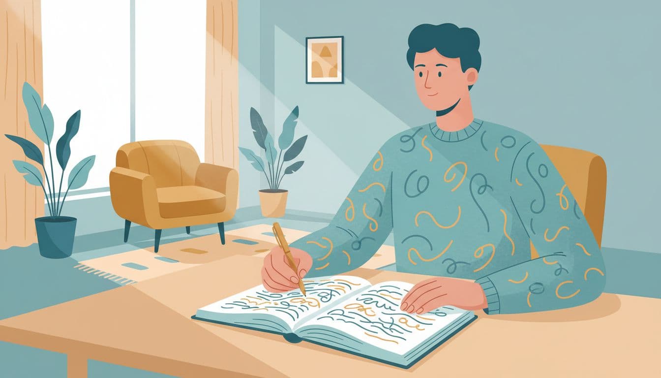 How Gratitude Rewires Your Brain for Positivity 2 Modern illustration of one adult person sitting at a simple desk, writing in an open gratitude journal with pen in relaxed hand, in a cozy home office with natural window light using clean shapes and a palette of cool blues and warm golds.