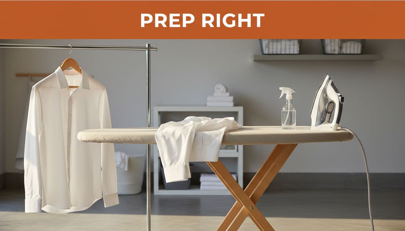 Clean ironing setup on a sturdy board with cotton cover, upright steam iron, spray bottle of water, and a buttoned white dress shirt on a hanger nearby, in a well-lit laundry area with warm lighting and realistic photo style. Features bold editorial headline 'Prep Right' in a horizontal orange band at the top.