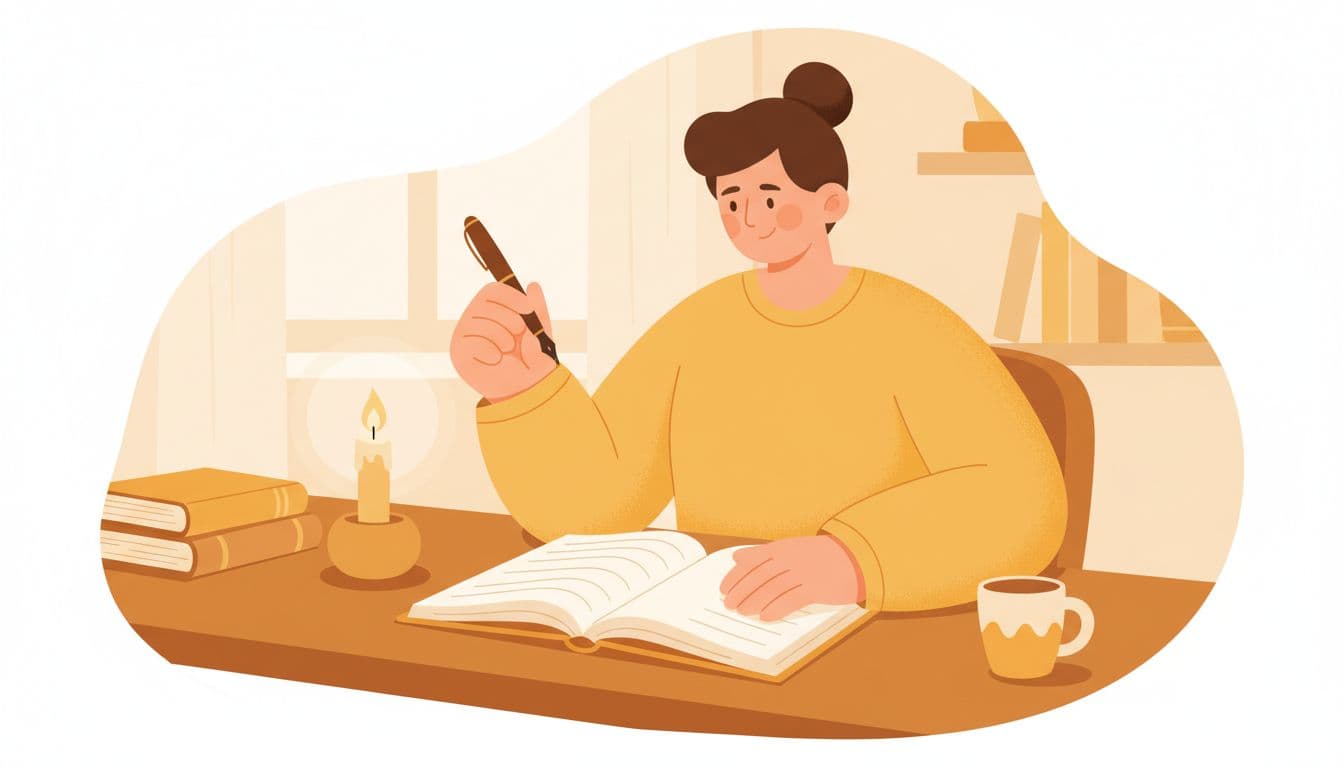 Could Gratitude Be the Key to Stronger Relationships? 2 A relaxed adult sits at a wooden desk in a softly lit room, thoughtfully writing in an open gratitude journal with a pen, illuminated by warm candlelight in a modern illustration style.