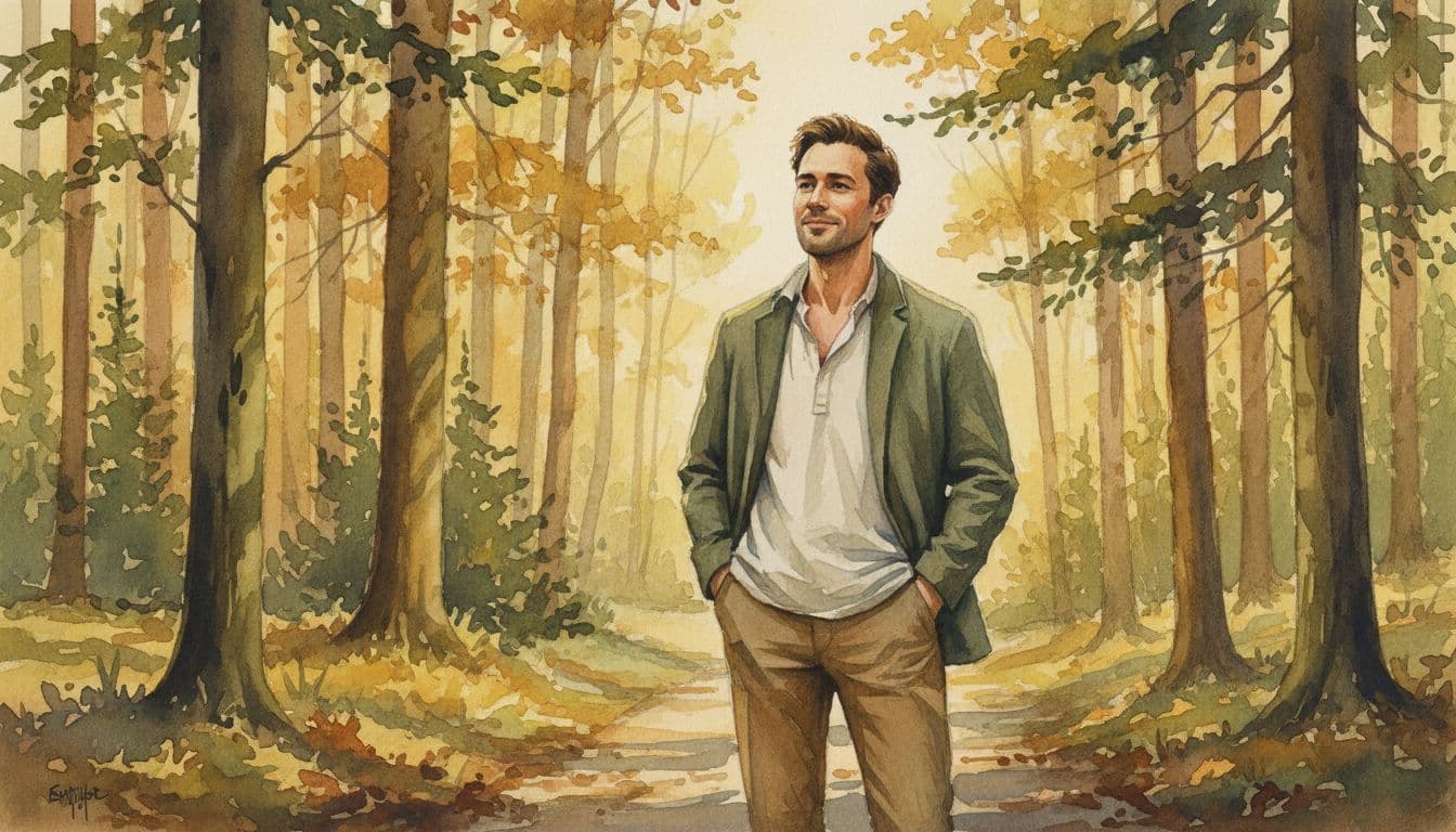 Watercolor painting of a single man standing outdoors on a forest path during golden hour, hands in pockets with a slight smile and relaxed posture breaking free from tension. Soft sunlight filters through trees and leaves in the background, evoking relief from negative loops through nature reflection on small achievements.