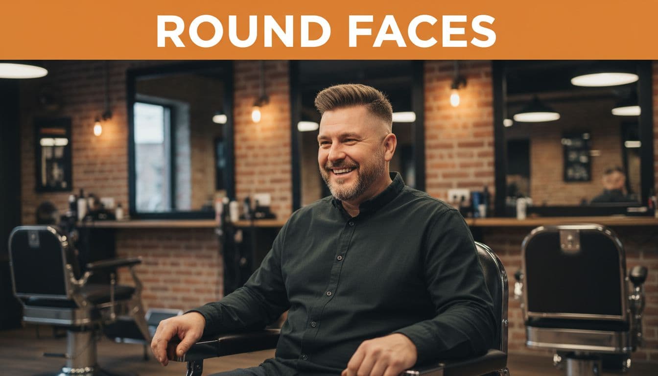 Mature man over 30 with round face and angular fade haircut smiling in barbershop chair under warm lighting, front view. Bold 'Round Faces' headline in orange band at top.