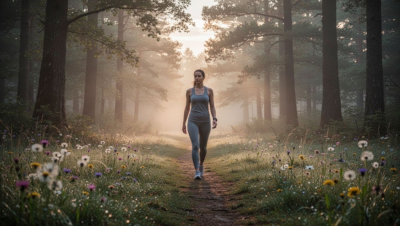 A serene landscape at dawn features a single person in comfortable activewear walking a peaceful forest path, with soft morning light filtering through trees, wildflowers and dew in the foreground, and misty woods in the background.