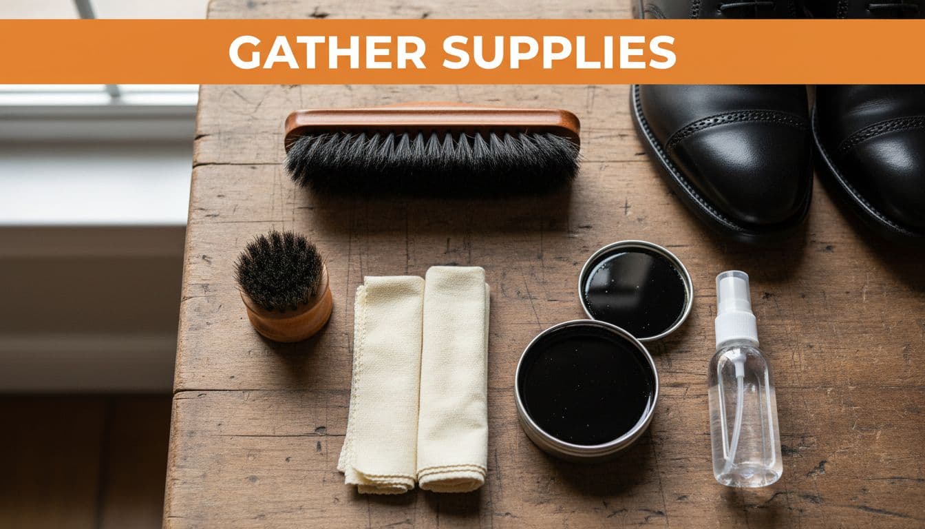 Shoe polishing tools neatly arranged on a wooden workbench, featuring horsehair brush, dauber brush, soft cloths, black wax polish, spray bottle, and black oxford shoes in the background. Bold 'GATHER SUPPLIES' headline on an orange band at the top in a realistic product photography style.