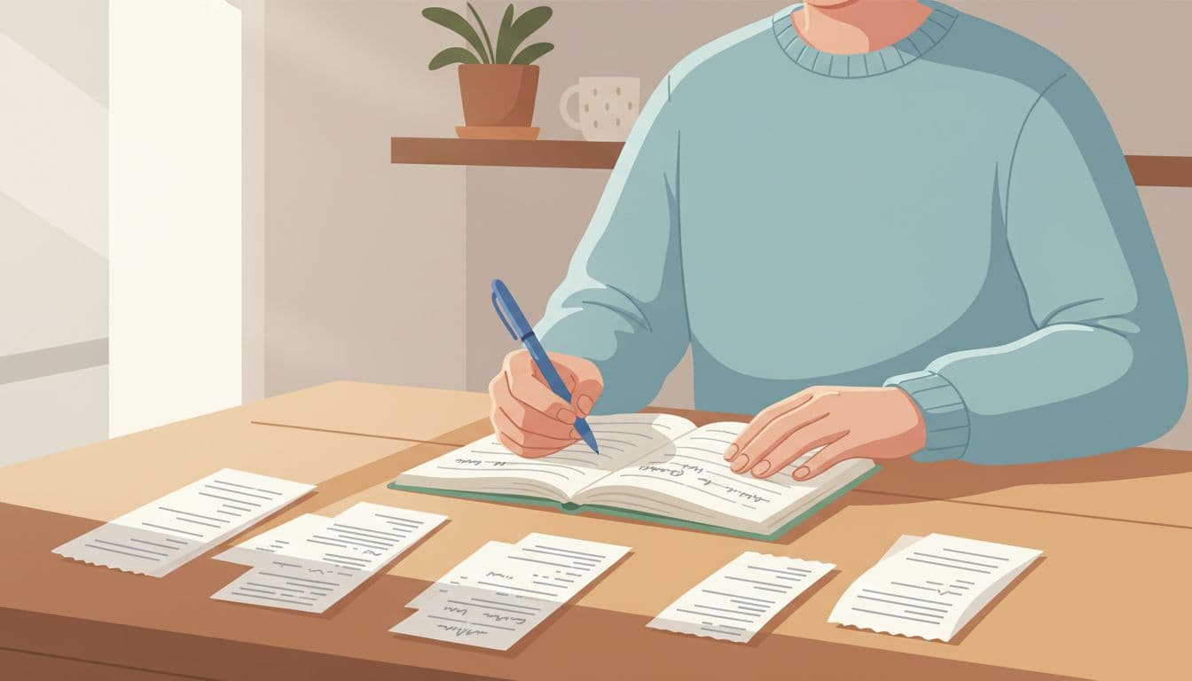 How to Save Money on a Tight Budget Without Feeling Deprived 1 A single person sits at a wooden kitchen table, reviewing receipts and writing expenses in a notebook with a pen. Cozy home interior bathed in warm natural light, modern illustration with clean shapes and soft blues, greens, and neutrals.