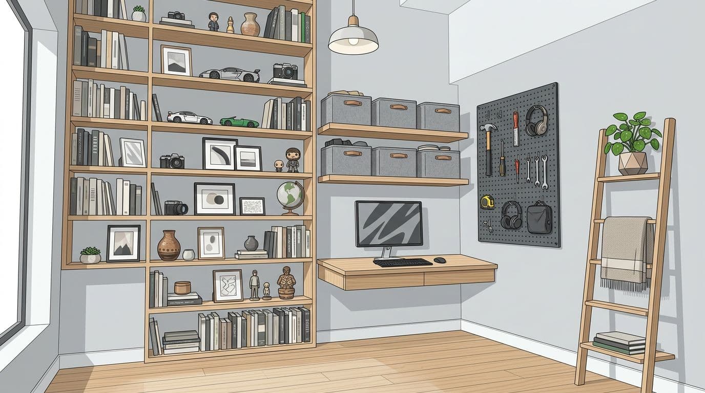 Clean, high-resolution modern editorial style illustration of vertical storage in a small man cave, including floor-to-ceiling slim shelving, floating desk shelves, pegboard, and ladder-style shelf with neutral grays, wood accents, and a green plant.