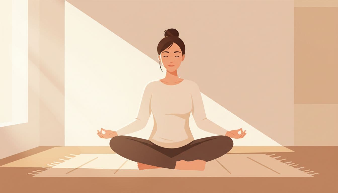 A single person sits cross-legged on the floor in a serene home at dawn, eyes closed in meditation to cultivate calm emotional self-awareness. Modern illustration with clean shapes, warm neutral colors, and soft morning light.