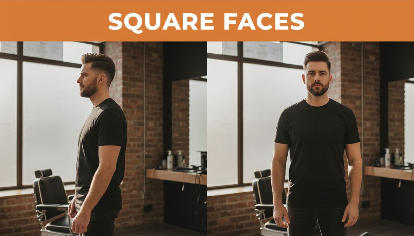 Confident man over 30 with square jawline and textured quiff haircut in modern barbershop, side profile and front view split, natural light, bold 'Square Faces' headline.