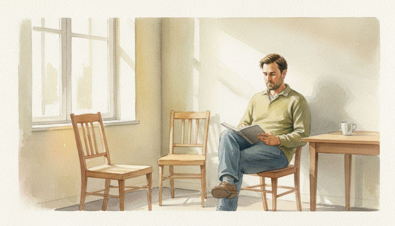 A man in his 30s sits relaxed in a quiet sunlit room, holding an open journal on his lap with a calm, thoughtful expression, rendered in soft watercolor style with warm neutral tones.