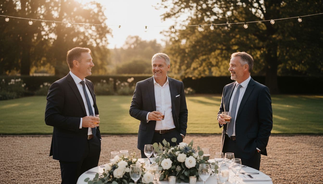 Three middle-aged men in suits chatting casually near a wedding reception table with floral decorations and drinks, relaxed postures and smiles, outdoor evening garden setting with string lights, warm golden hour lighting, realistic photograph.