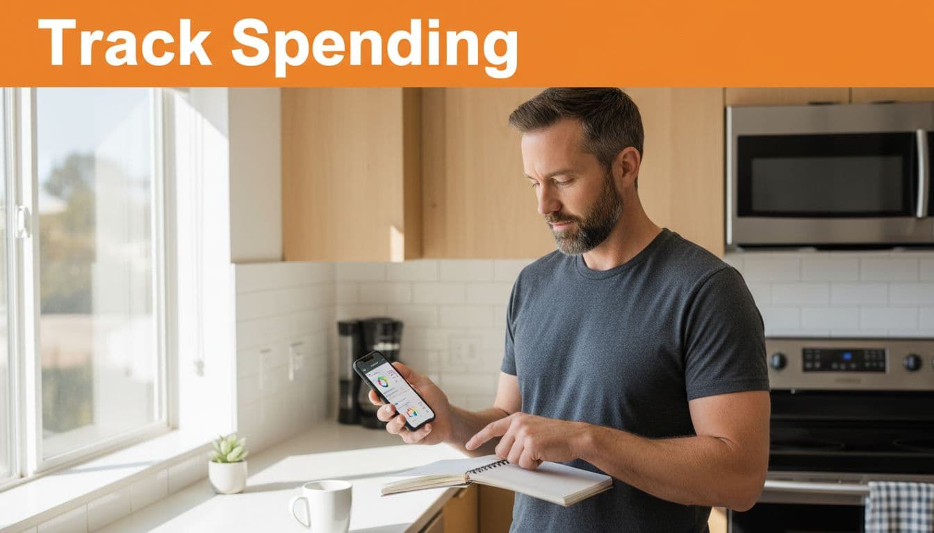 A bearded man in his 40s wearing a t-shirt stands relaxed in a modern kitchen, holding a smartphone in one hand and a notebook in the other to log daily expenses on a budgeting app, with natural morning light and a coffee mug on the counter.