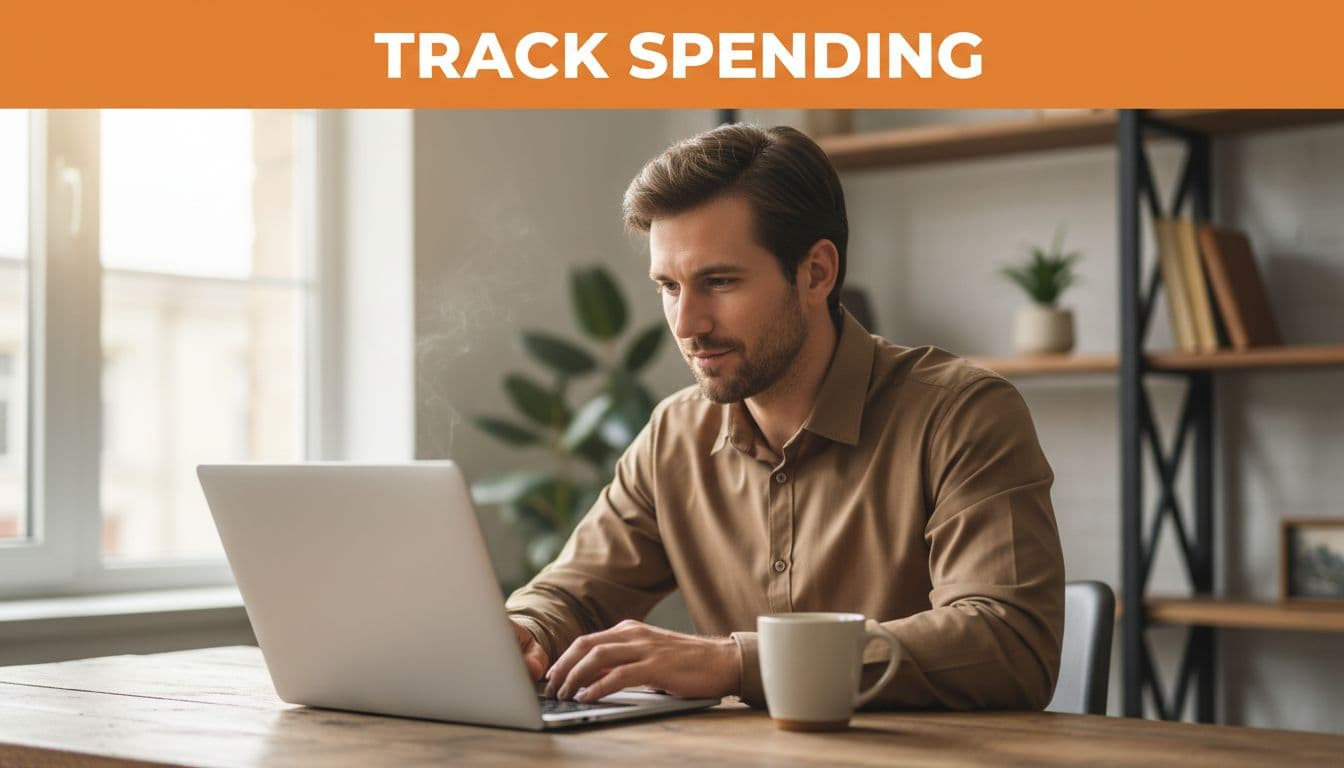 A confident man in his 30s reviews monthly expenses on a laptop at a wooden desk in a home office with natural daylight and a coffee mug nearby. Bold editorial style with warm tones and a top orange band featuring 'Track Spending' headline.