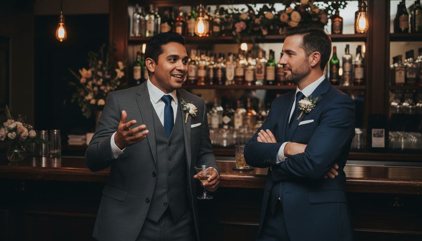 Two men over 30 in formal suits stand at a wedding bar; one tells an animated story with a gesture and smile, while the other listens attentively with a nod, against a blurred wooden bar with bottles under cozy indoor lighting.