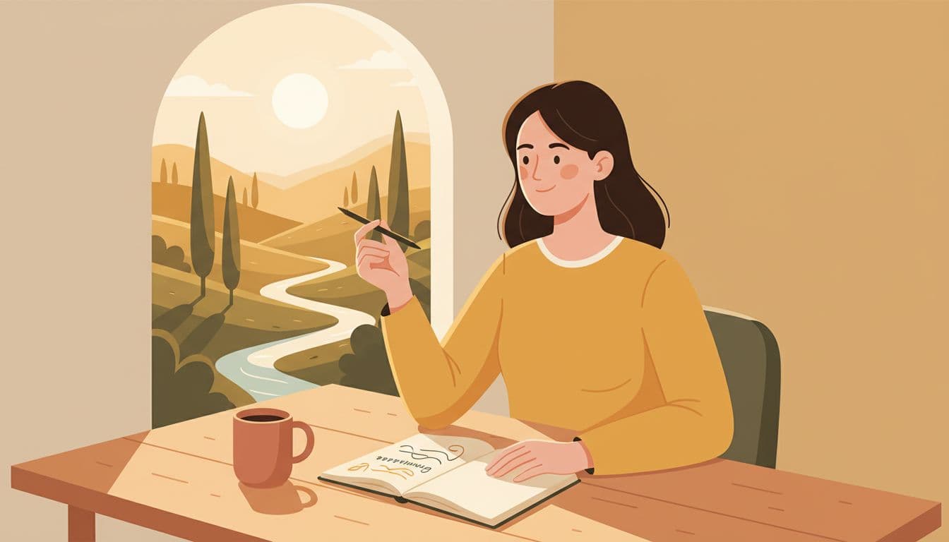 A thoughtful woman writes gratitude notes in a journal at a wooden desk with a coffee mug nearby, smiling softly while gazing at a nature view through the window, rendered in modern illustration style with warm golden hour lighting.