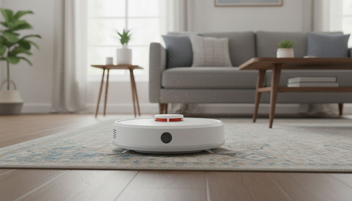 White ILIFE A30 Pro robot vacuum with rotating LiDAR turret navigates a living room with sofa and coffee table, avoiding obstacles from a low-angle view towards a corner under natural window light in realistic photographic style.