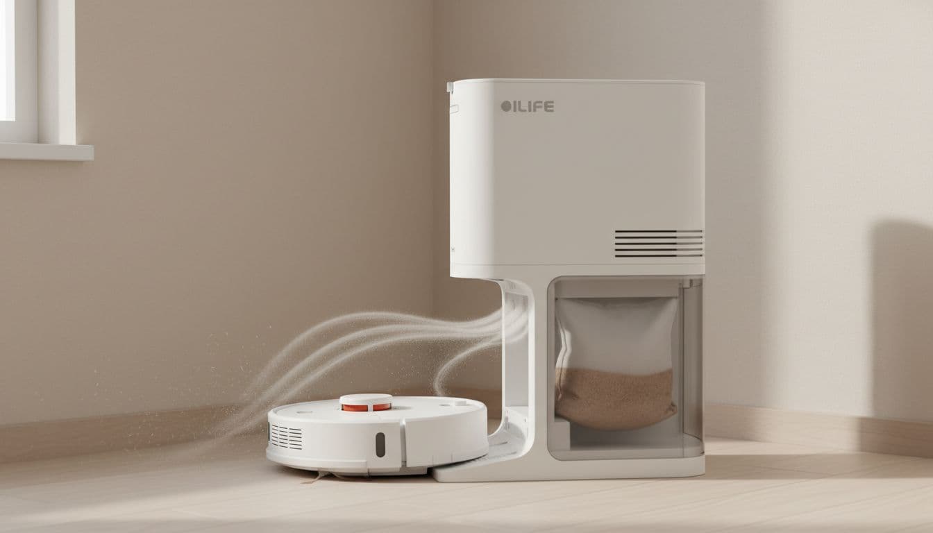 Large self-emptying base with ILIFE A30 Pro robot vacuum connected from the rear in a room corner, featuring a partially visible 2.5L dust bag and suggested automatic suction process with air lines, realistic side view with soft interior lighting.