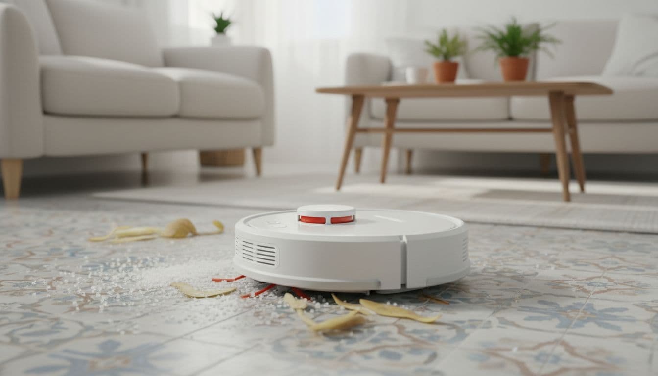 White ILIFE A30 Pro robot vacuum aspirating salt grains and thin potato peels from a tiled floor in a bright home living room, side view highlighting side brush and suction roller in action.