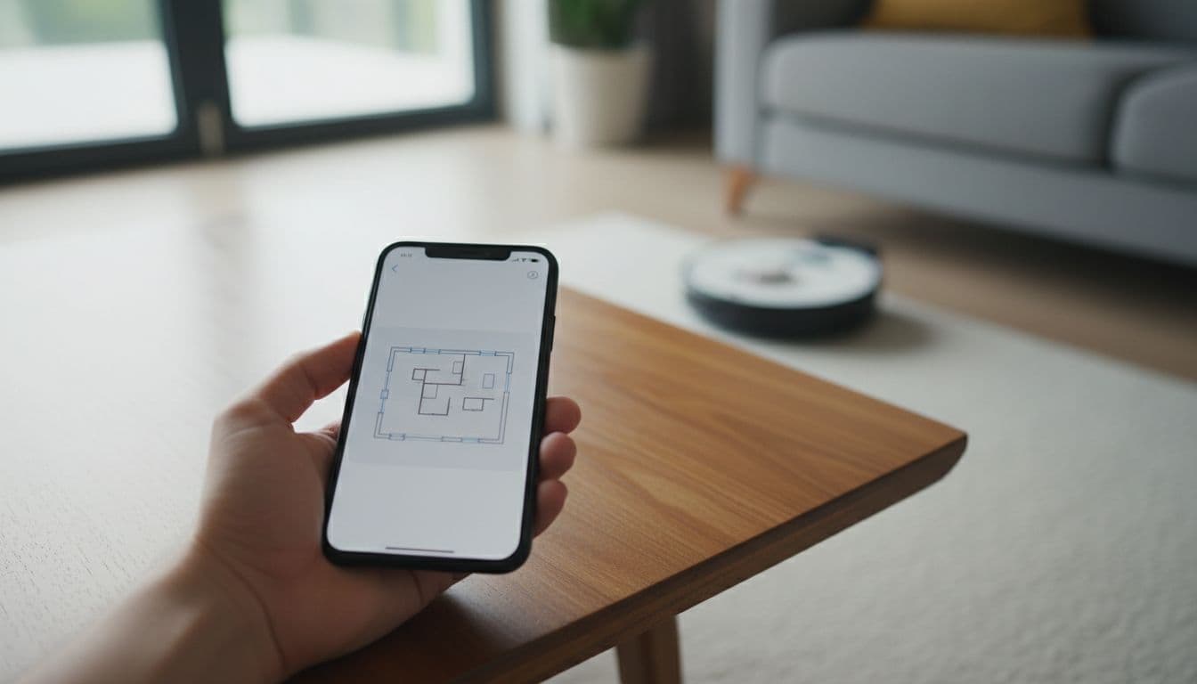 Smartphone descansando sobre mesa mostrando app de control de robot aspirador ILIFE A30 Pro con mapa esquemático de casa, robot en segundo plano en ambiente hogareño moderno con iluminación natural.