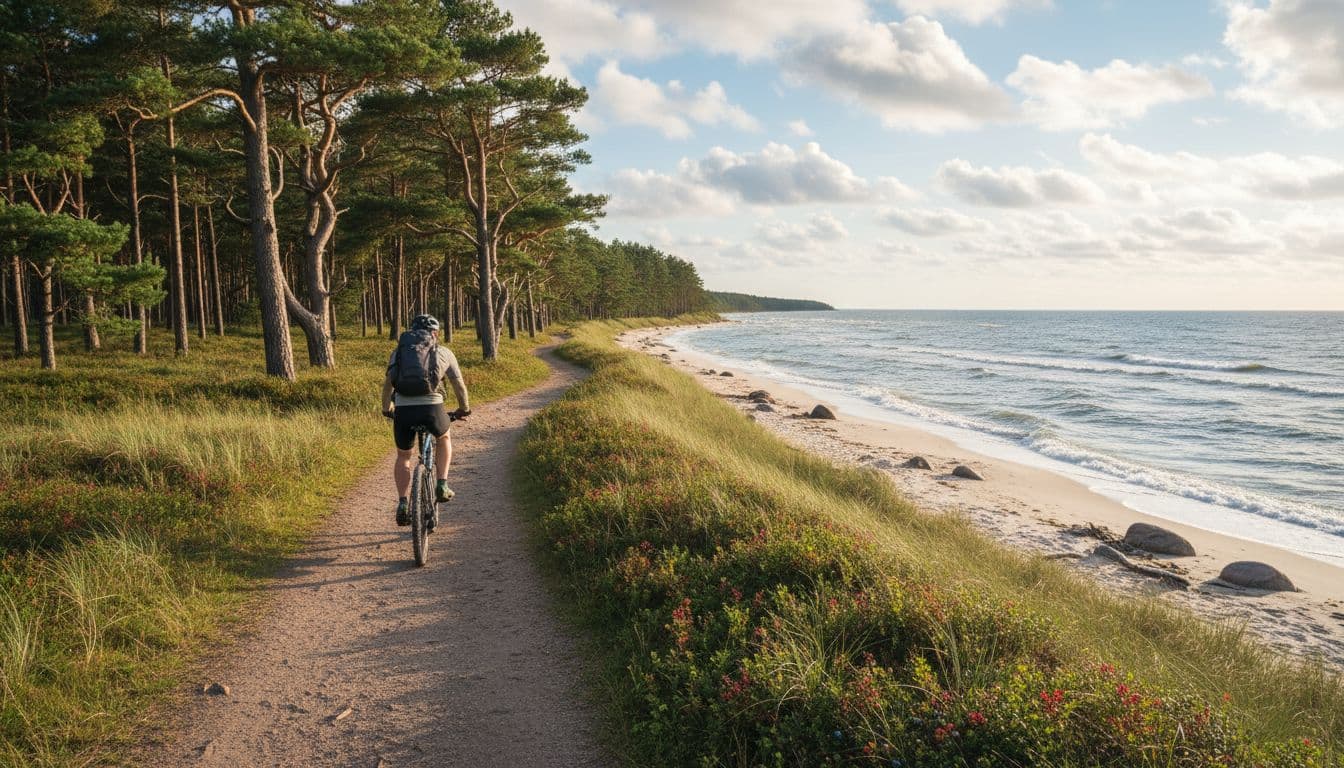 Coastal path in the Baltics with sandy beach, sea, and pine forest. Image created with AI.