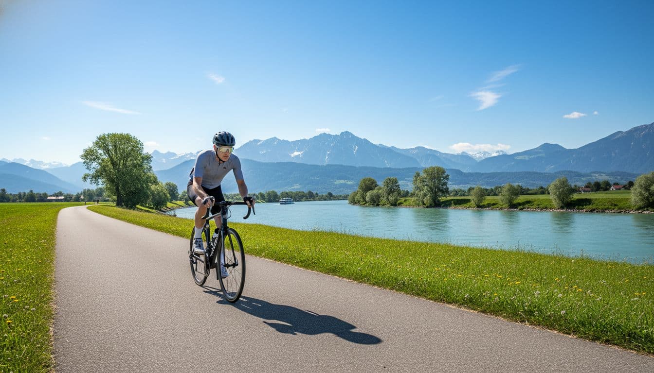 Cyclist on a traffic-free Danube bike path under a clear sky, with river views and distant mountains. Image created with AI.