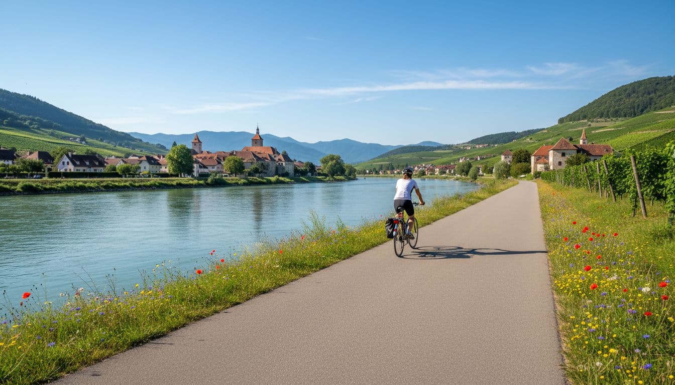 Cyclist on the Danube riverside path with vineyards and old towns in view. Image created with AI.
