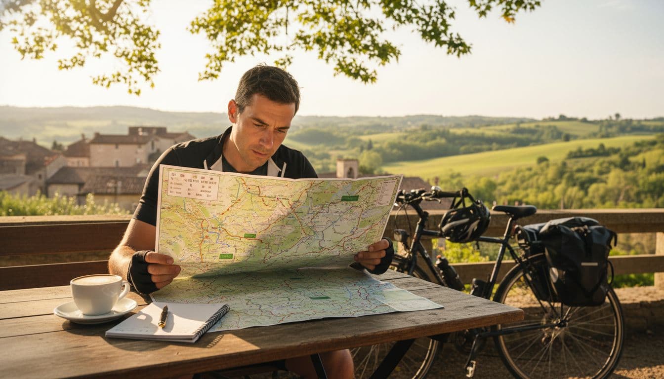 Cyclist planning a European bike tour at a sunny café table with a paper map and a bike nearby. Image created with AI.