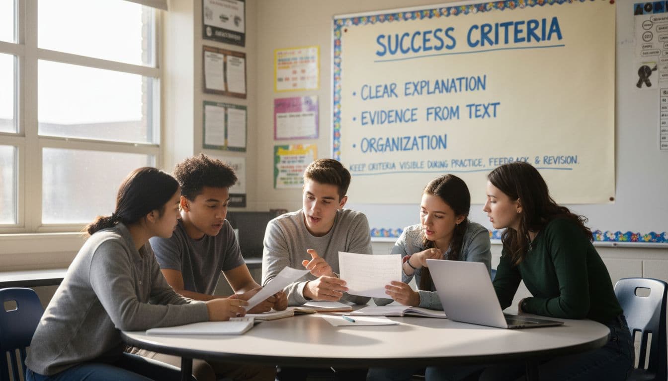 High school classroom scene showing four students engaged in group work, peer reviewing papers against a wall anchor chart listing success criteria like clear explanation and evidence from text, in a collaborative atmosphere with natural daylight.