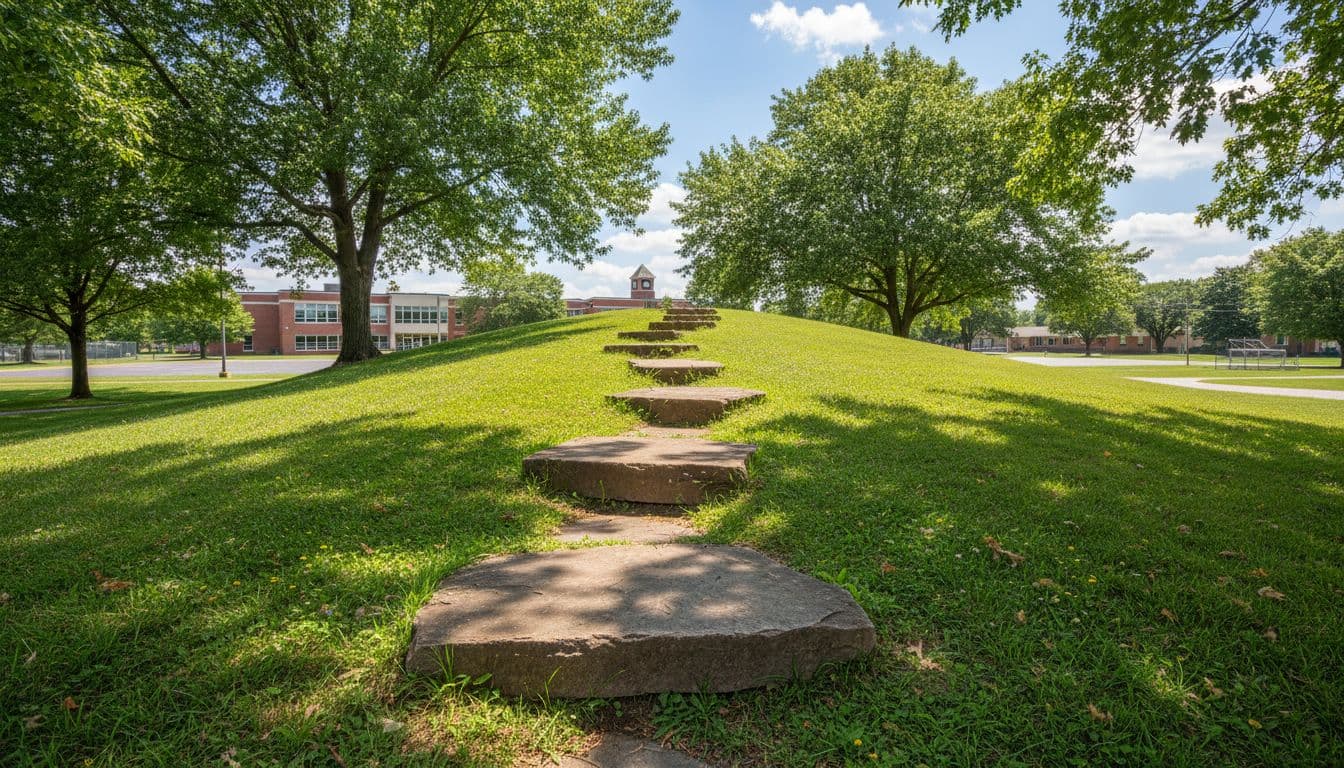 A winding path with five distinct stone steps ascends a gentle green hill in a sunny schoolyard, symbolizing sequential learning stages. Surrounded by trees and a distant classroom building, presented in vibrant, realistic style with wide landscape composition.