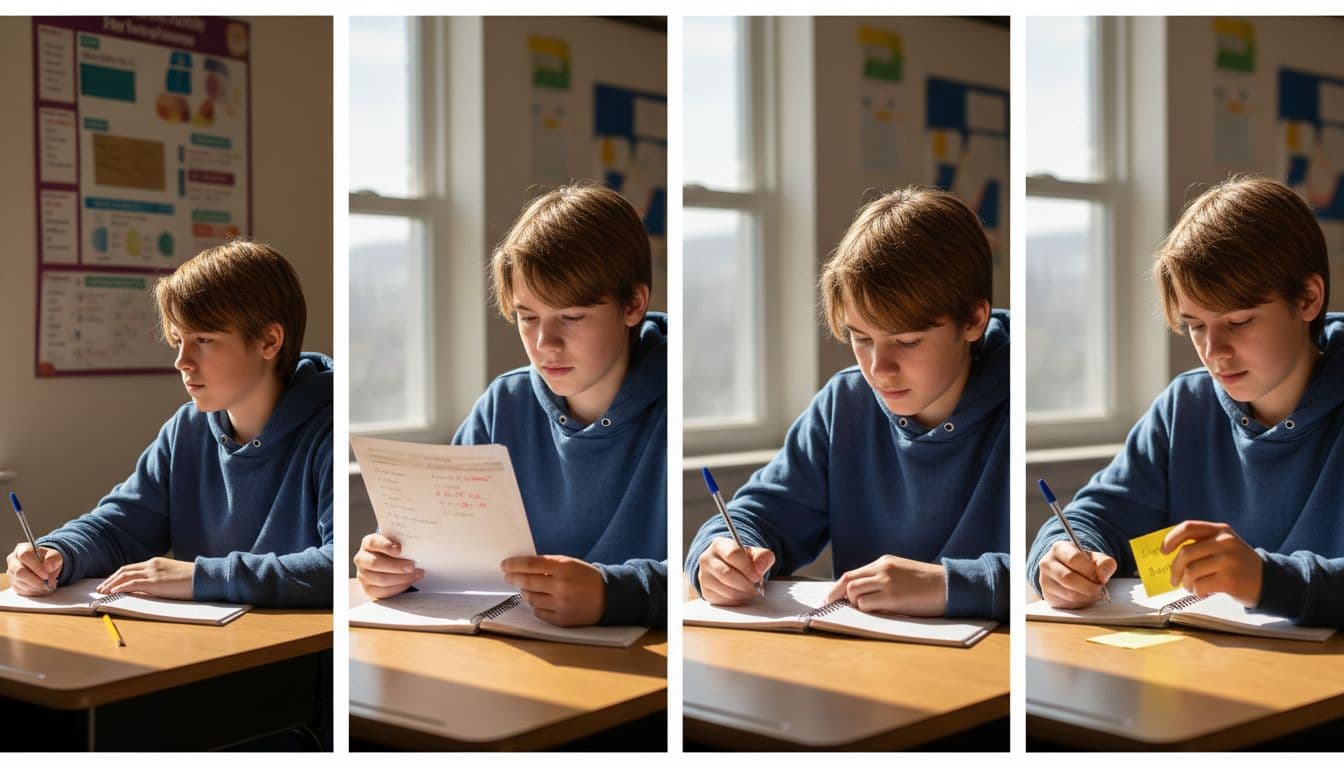 Middle school student in a sunny classroom follows a four-panel self-assessment sequence: reviewing learning goals poster, checking math worksheet with red marks, writing in reflection journal, and noting next step on sticky note; realistic photo style with soft natural light.