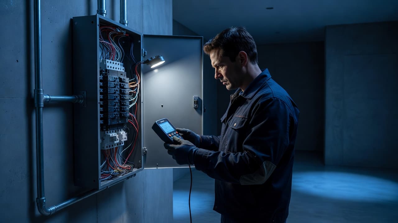 An electrician checks a residential electrical panel with tools in a blue-lit utility room.
