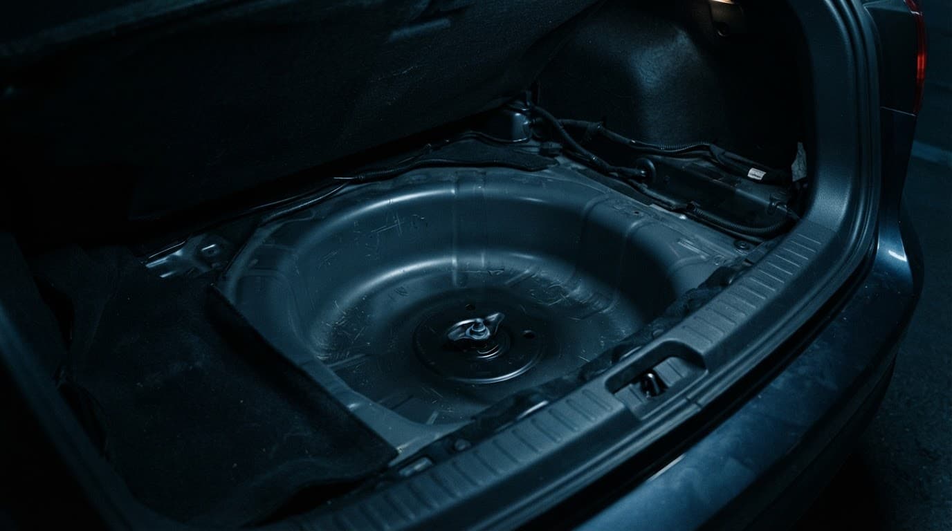 Empty spare tire well inside a dark vehicle trunk.