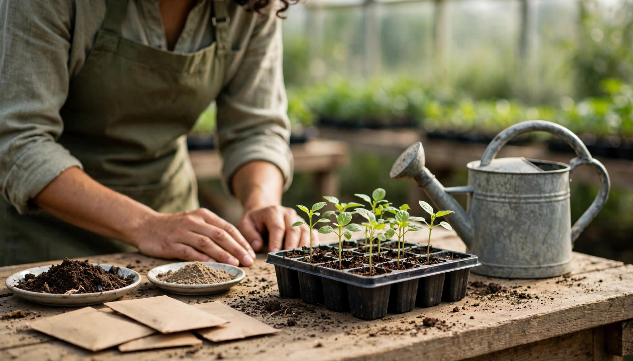 A gardener studies seedlings beside soil samples, seed packets, and a watering can.