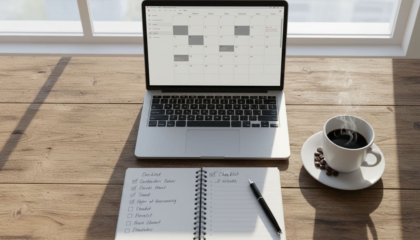 Top-down view of wooden desk with laptop showing calendar app, open notebook checklist, pen, and coffee.