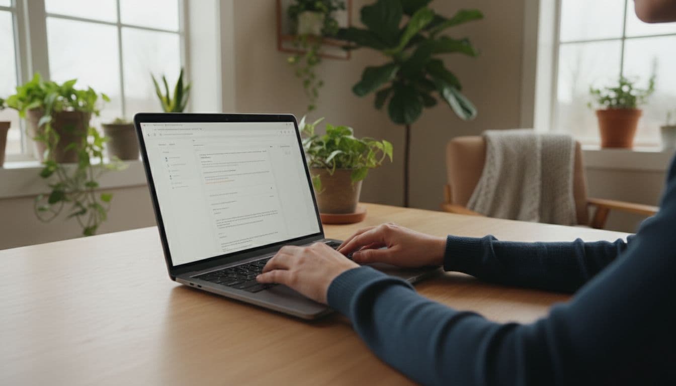 Person types on laptop open to blog editor at modern desk in cozy home office with plants and window light.