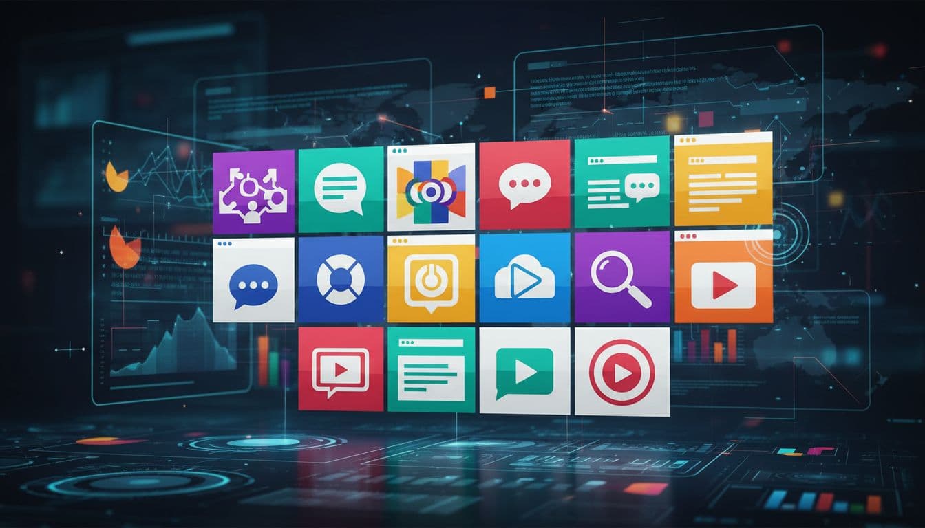 Grid of colorful abstract website icons and thumbnails on digital dashboard background.