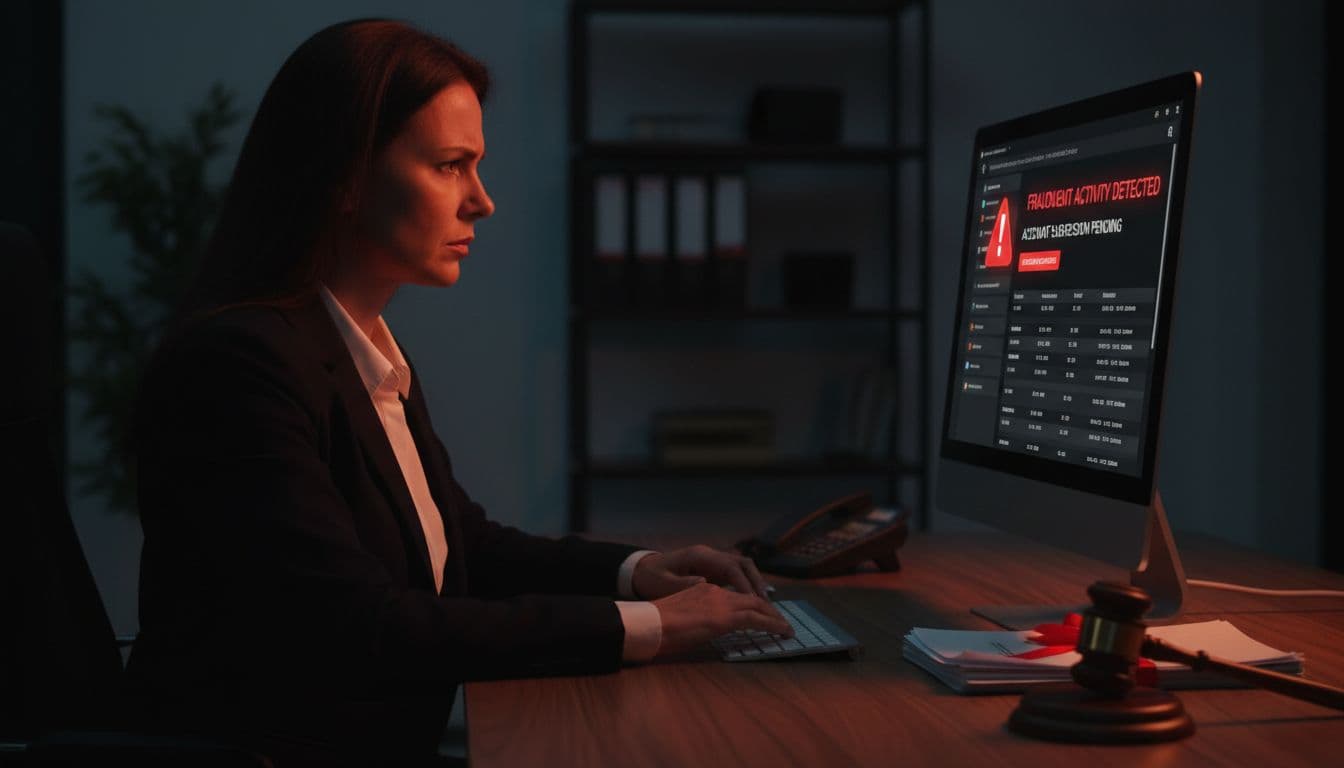 A business owner in a dimly lit office stares tensely at a computer screen showing red warning icons, surrounded by legal documents and a gavel on the desk.