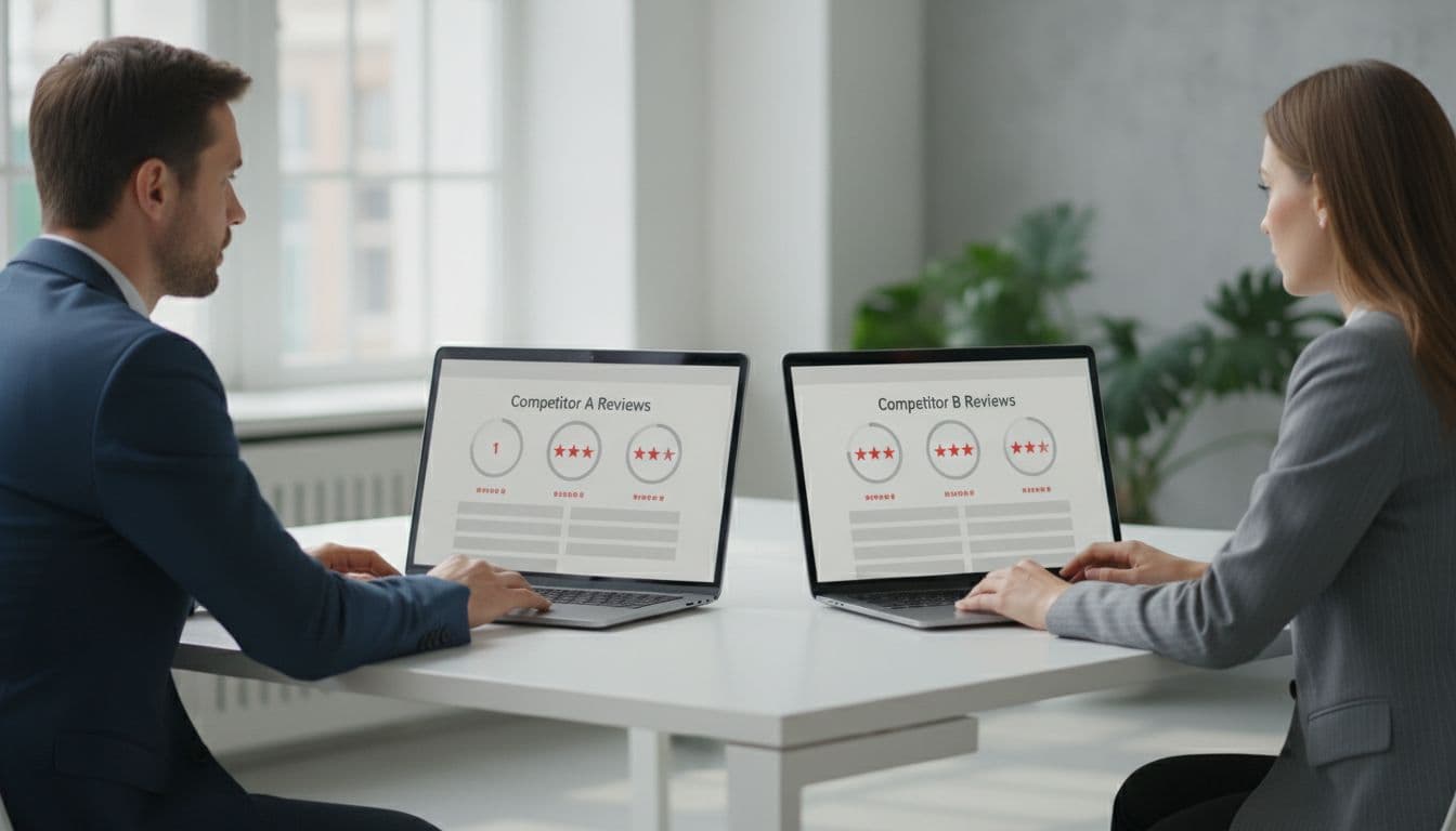 Two business professionals at adjacent desks in a modern office view laptop screens showing low star ratings for a competitor in a side-by-side comparison, realistic style with natural daylight lighting.