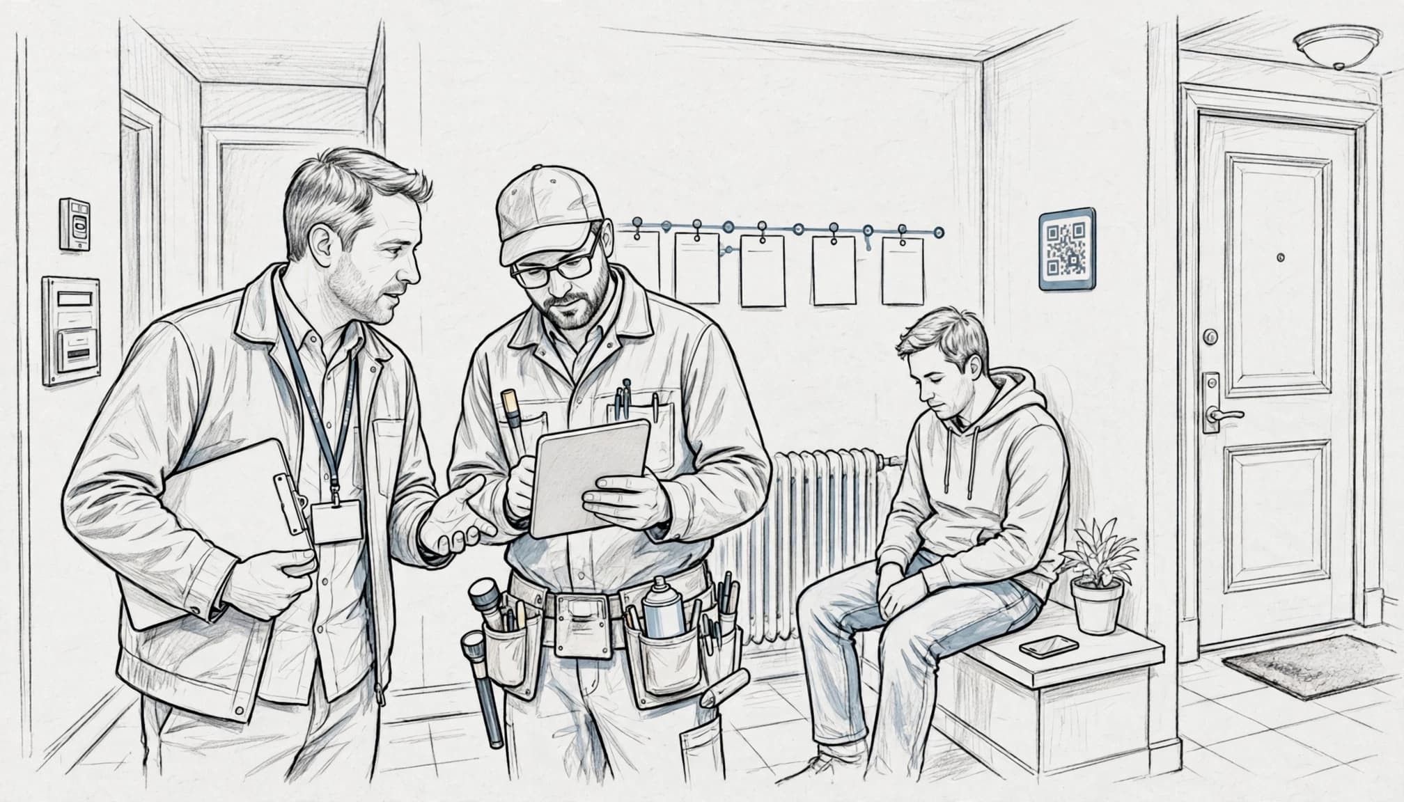 A pencil sketch shows a building manager, pest professional, and tenant reviewing a case in a hallway.