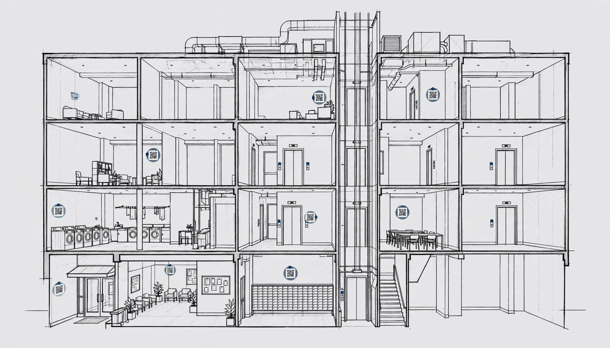 Cutaway apartment building with QR placards in shared areas.