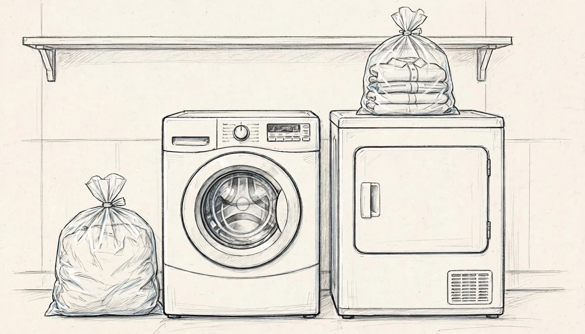 A hand-drawn sketch of a washer and dryer with sealed laundry bags on the floor and top.