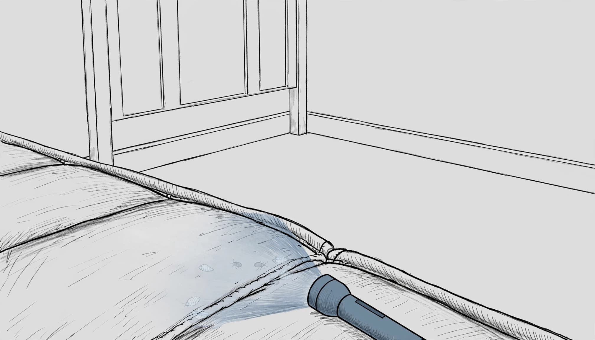 A sketched illustration of a mattress edge, bed bugs, and a flashlight shining on the seam.