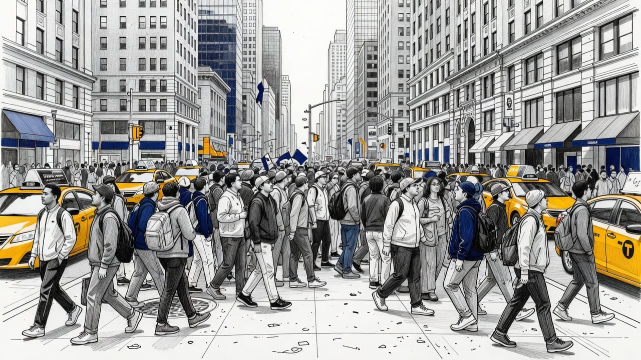 A detailed graphite sketch depicts a dense crowd navigating a city sidewalk. The hand-drawn composition emphasizes overlapping figures and motion, highlighted by cool blue accents against a clean white background.