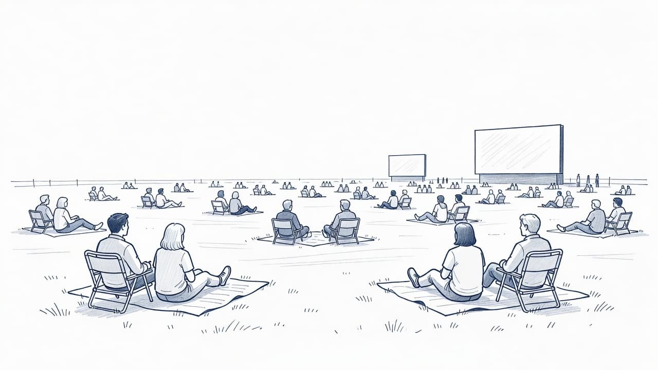 A clean graphite sketch depicts people lounging on the Great Lawn of Central Park. Figures rest on blankets and folding chairs facing distant screens, rendered with delicate blue lines on paper.