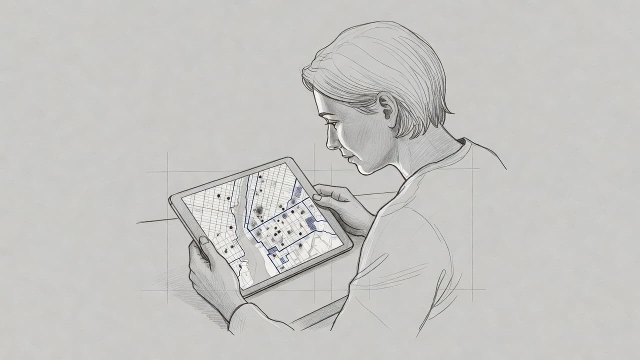 A detailed graphite sketch depicts a person examining a digital tablet displaying an urban map layout. Blue highlights emphasize specific zones on the map while fine pencil shading defines the scene.