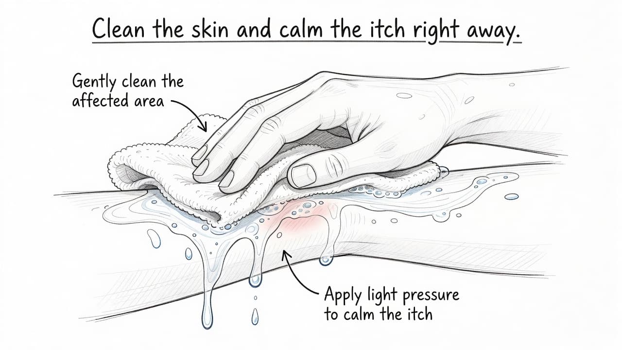 A graphite line drawing depicts a person using a cloth with soapy water to cleanse a small patch of skin on their arm. Soft blue accents highlight the treated area clearly.
