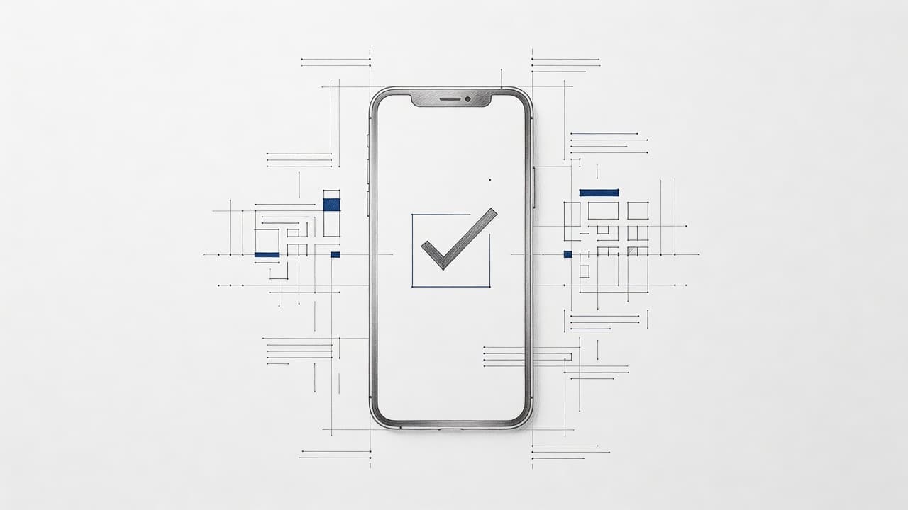 A detailed graphite illustration of a smartphone screen showing a circular checkmark icon. Architectural line work surrounds the device, suggesting a structural interface used for tracking maintenance reports in residential buildings.