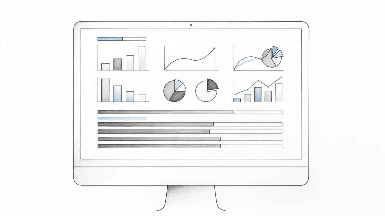 A graphite drawing shows a computer screen displaying abstract charts and data bars on a clean white background. Subtle blue accents highlight specific progress nodes within the minimalist digital interface.