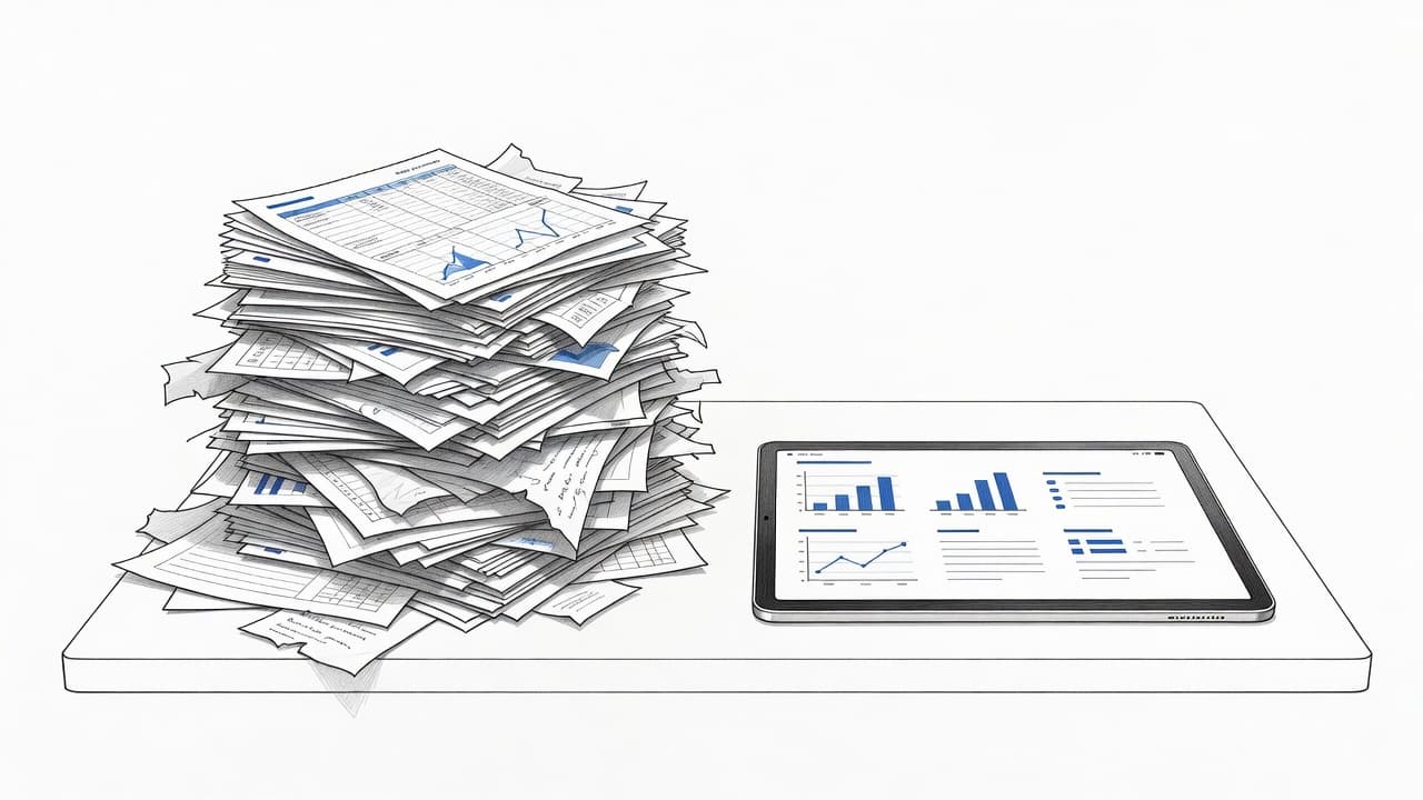 A graphite line drawing depicts a chaotic heap of loose paper files on the left desk side, balanced by a sleek digital tablet displaying a clean dashboard layout on the right.